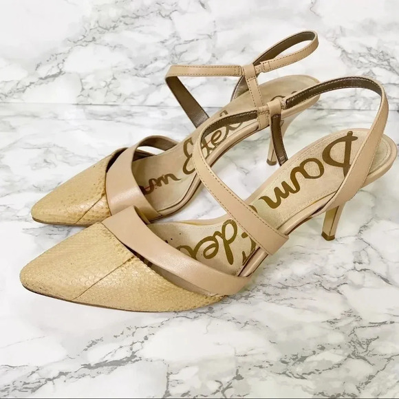 Sam Edelman Shoes - SAM EDELMAN Othello Leather Croc Embossed Nude Pointy Toe Slingback Heels